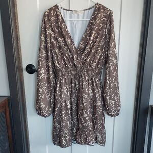 Haptics Brown and Cream Floral Long Sleeve Dress